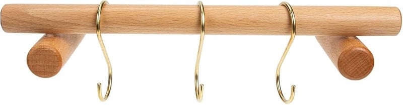 Solid Beech Wood Wall Mounted Towel Bar Rack 30cm With 3 Brass Hooks For Kitchen Bathroom - Image 1